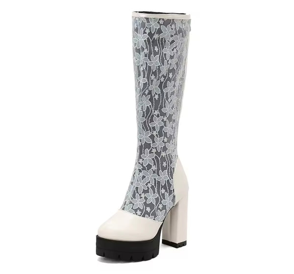 Women Fashion Color Floral Mesh Platform Knee High Boots