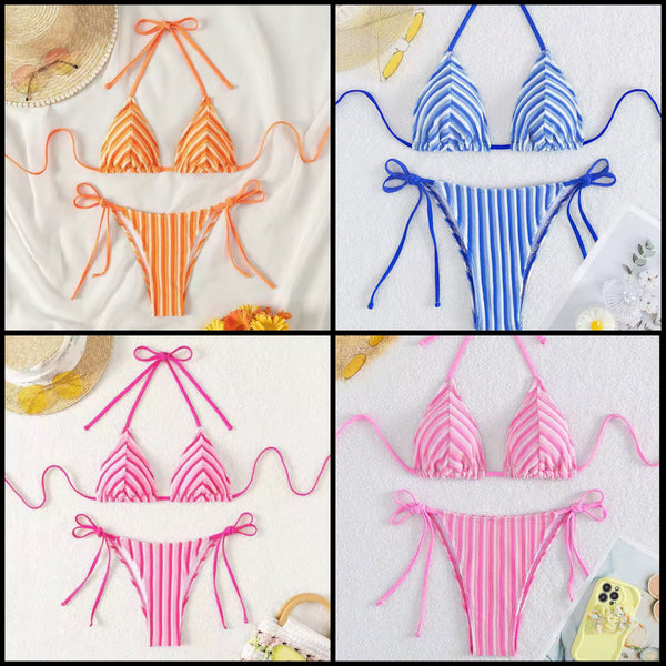 Women Sexy Tie Up Halter Striped Bikini Swimsuit