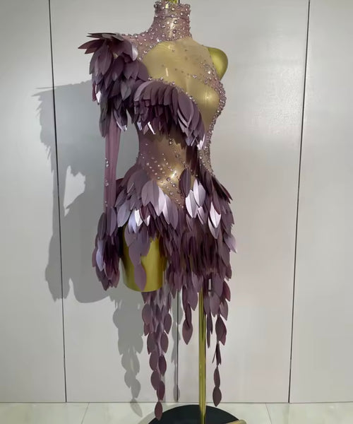 Women Purple One Shoulder Sequins Rhinestone Mesh Dress