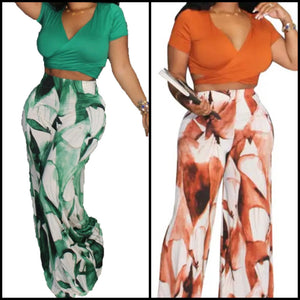 Women Short Sleeve Crop Two Piece Printed Fashion Pant Set