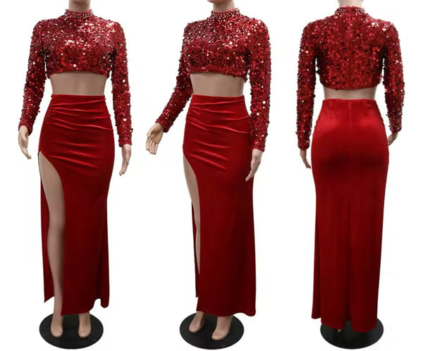 Women Sexy Sequins Full Sleeve Crop Two Piece Velour Skirt Set