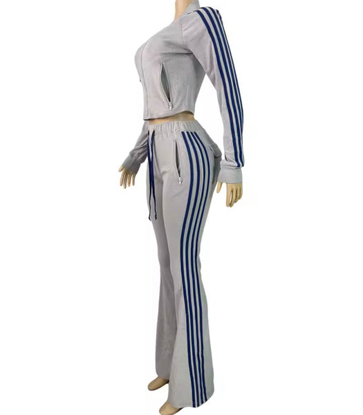 Women Fashion Velour Striped Zip Up Tracksuit Two Piece Pant Set