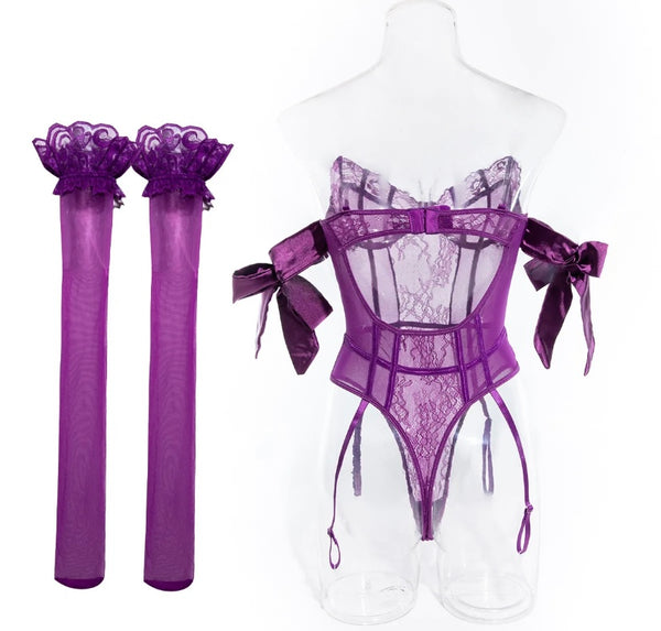 Women Sexy Lace Open Back Bodysuit Lingerie Set