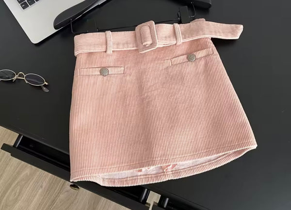 Women Sexy Fashion Belted Corduroy Skirt