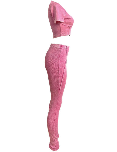 Women Fashion Ribbed Short Sleeve Two Piece Pant Set