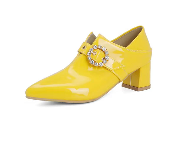 Women Color Fashion Pointed Toe Patent Leather Bling Buckled Shoes