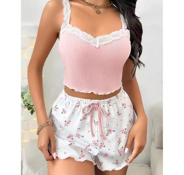 Women Sexy Sleeveless Tank Floral Lingerie Short Set