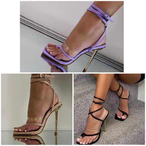 Women Color Fashion High Heel Wrap Around Ankle Strap Sandals