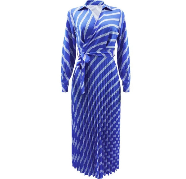 Women Full Sleeve Striped Pleated Maxi Dress