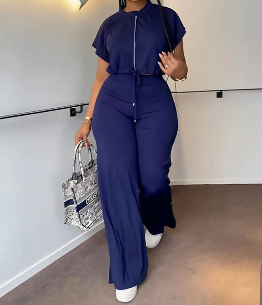 Women Fashion Zip Up Short Sleeve Fashion Two Piece Pant Set