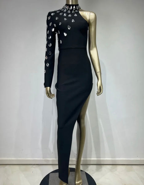 Women Sexy Black One Shoulder Full Sleeve Crystal Maxi Dress
