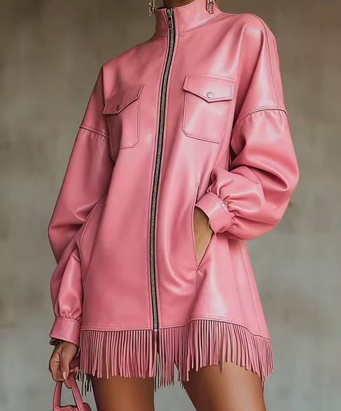 Women Pink Faux Leather Zip Up Fringe Tassel Full Sleeve Dress