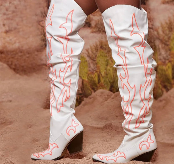 Women Fashion White Printed Knee High Western Boots