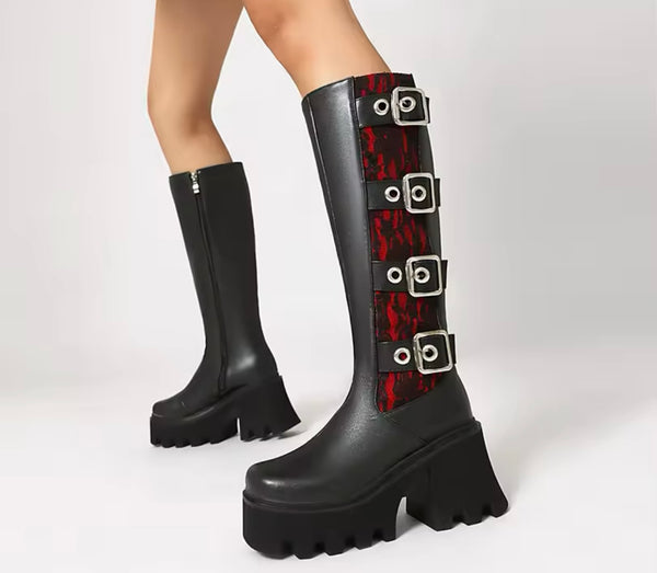 Women Fashion Lace Buckled Platform Knee High Boots