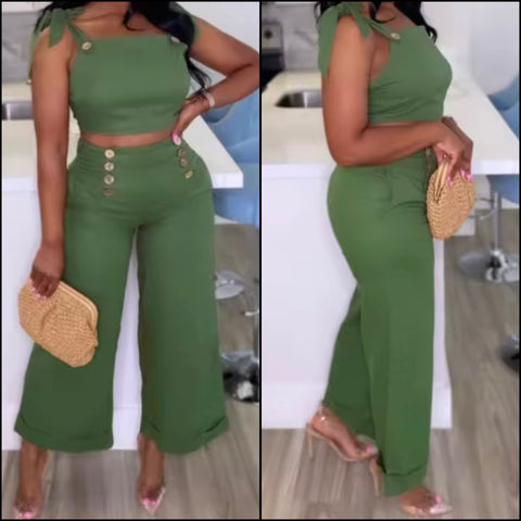 Women Green Button Sleeveless Two Piece Fashion Pant Set