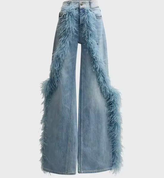 Women Fashion Blue Faux Fur Patchwork Denim Pants