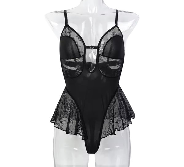 Women Black Sexy Sleeveless Lace Patchwork Bodysuit Lingerie