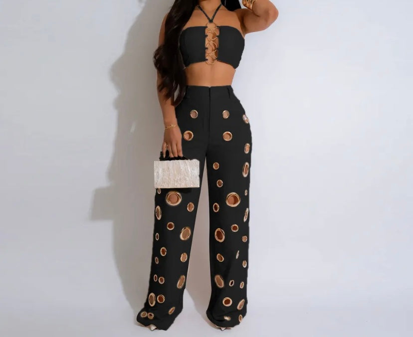 Women Sexy Sleeveless Cut Out Circle Two Piece Pant Set