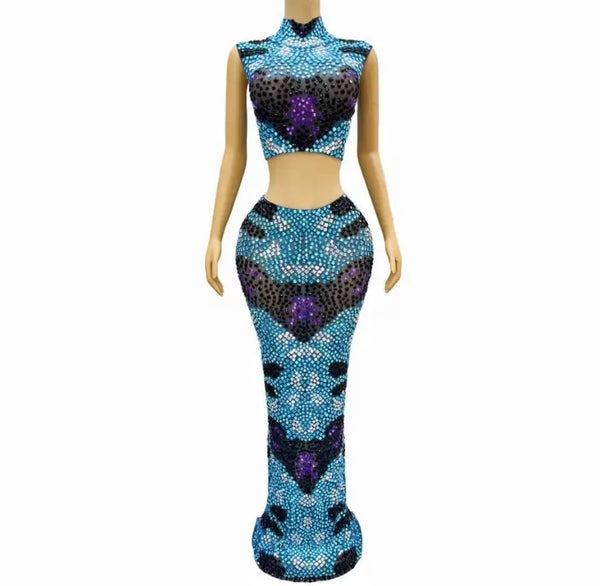 Women Sexy Color Patchwork Bling Sleeveless Two Piece Maxi Skirt Set