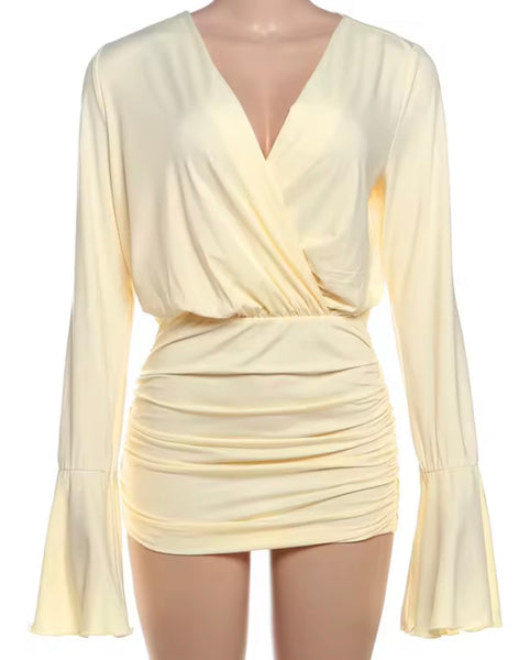 Women Yellow Sexy Full Flare Sleeve Ruched Dress