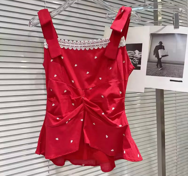 Women Sleeveless Red/White Heart Print Two Piece Pant Set