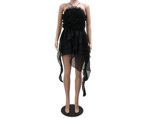 Women Black Ruffled Sleeveless Sexy Dress