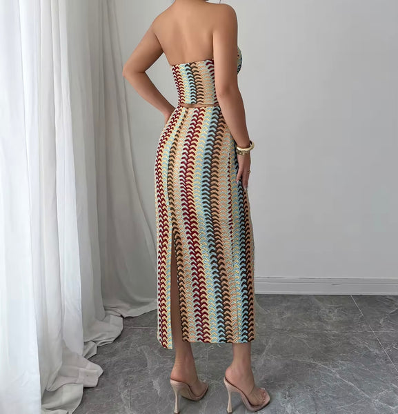 Women Sexy Strapless Colorful Striped Two Piece Maxi Skirt Set