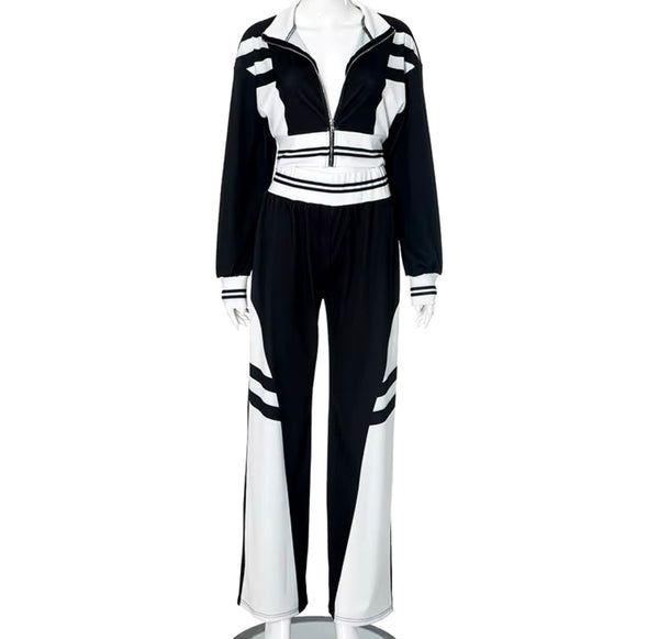 Women Fashion B&W Zip Up Full Sleeve Tracksuit Two Piece Pant Set
