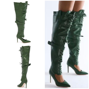 Women Green Fashion Faux Leather Lace Up Buckled Knee High Boots