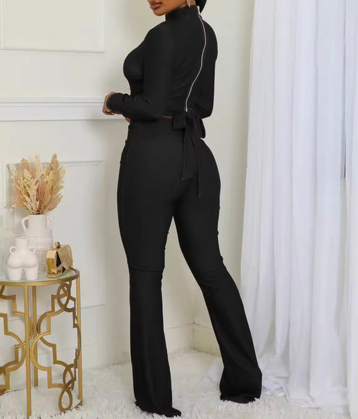 Women Fashion Solid Color Full Sleeve Tie Up Crop Two Piece Pant Set