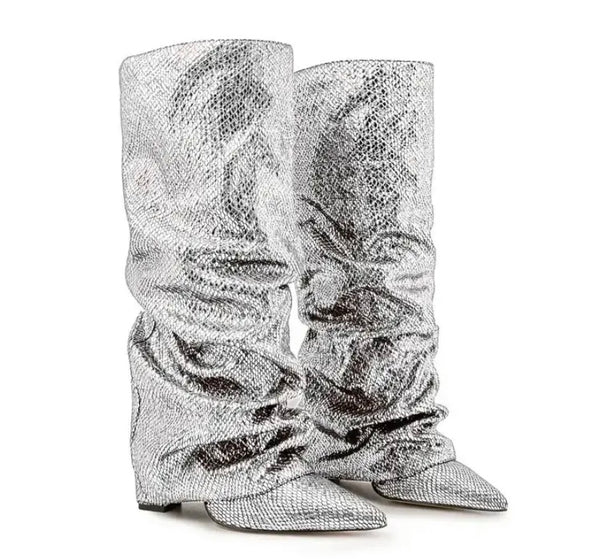 Women Color Ruched Sequins Fashion Knee High Boots
