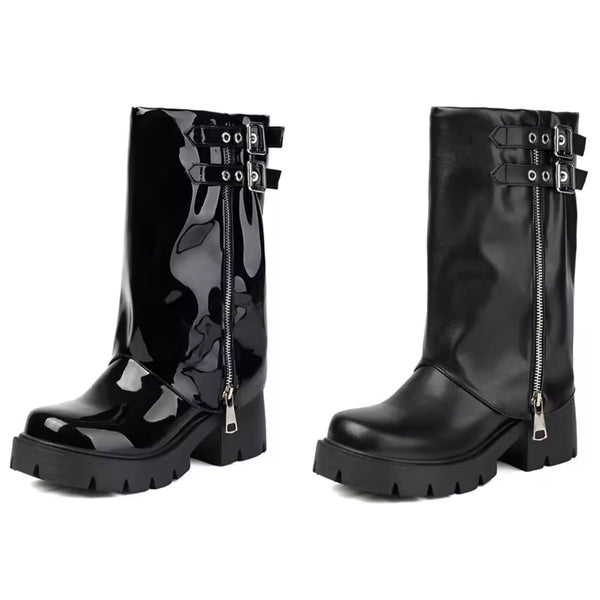 Women Black Zipper Double Buckle Fashion Ankle Boots