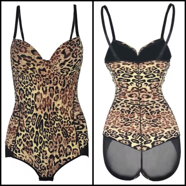 Women Sexy Sleeveless Leopard Mesh Bodysuit Lingerie