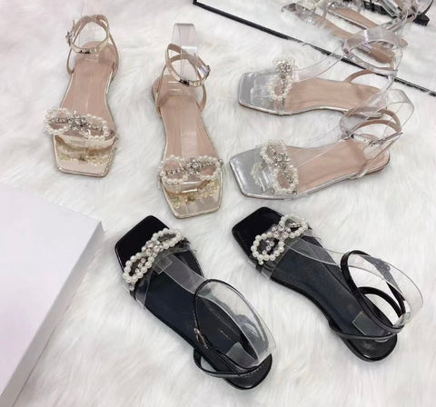 Women Fashion Rhinestone Pearl Ankle Strap Flat Sandals