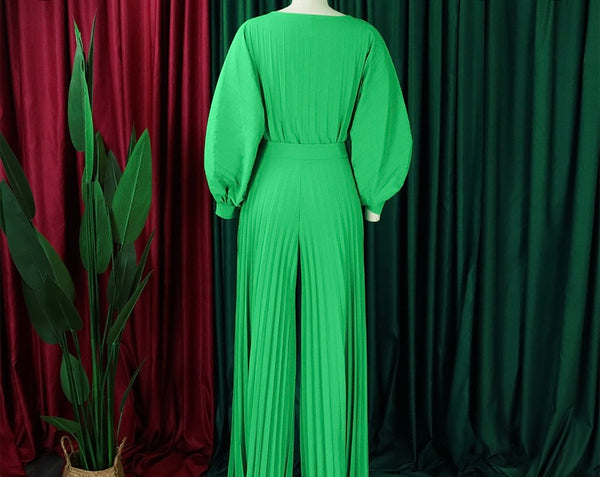Women Fashion Full Sleeve Solid Color Two Piece Pleated Pant Set