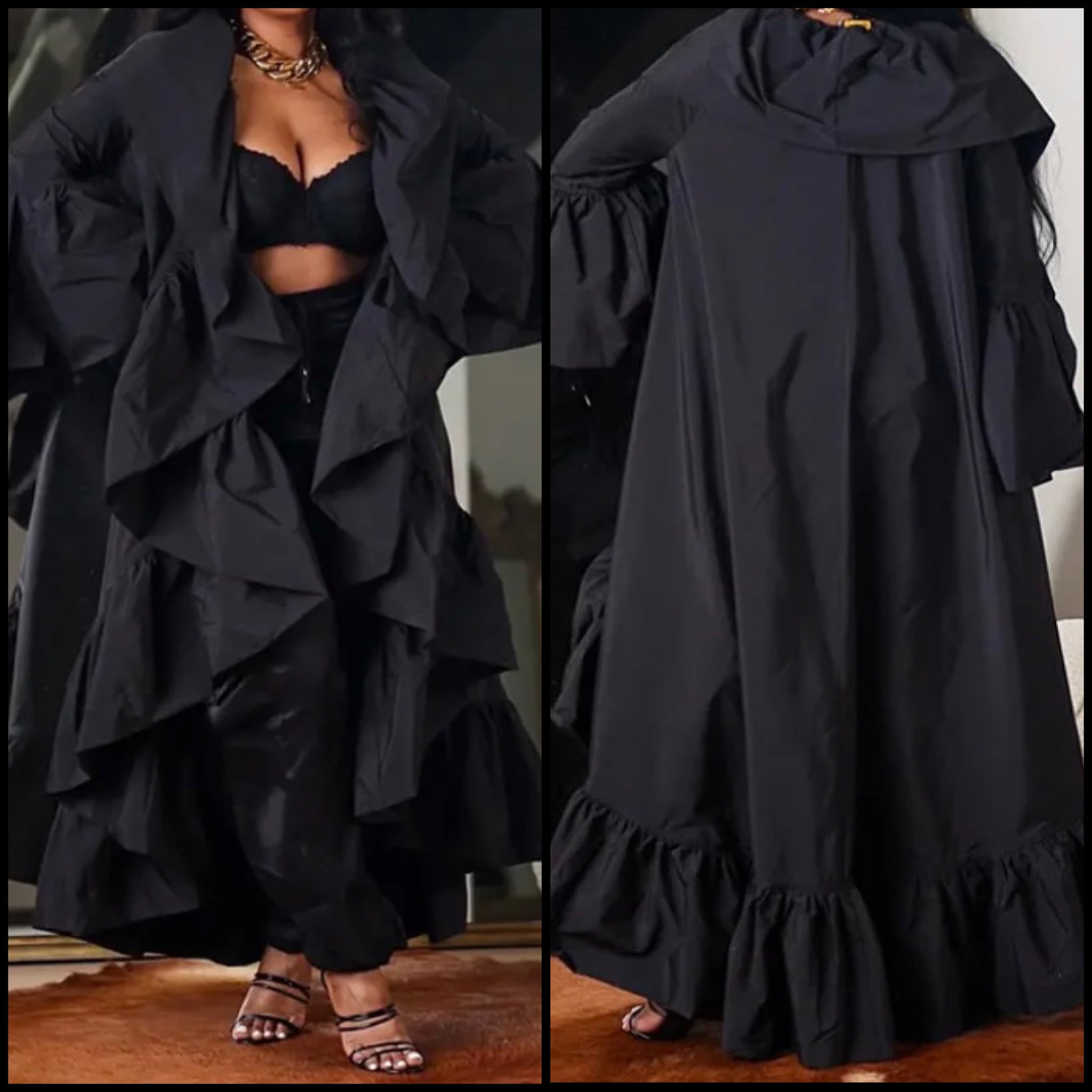 Women Black Hooded Ruffled Long Jacket