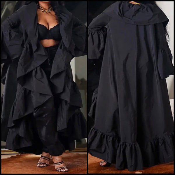 Women Black Hooded Ruffled Long Jacket