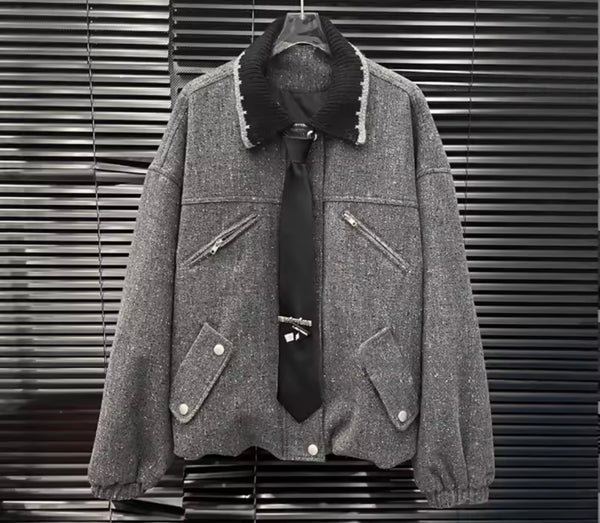 Women Gray Tie Fashion Jacket Two Piece Skirt Set