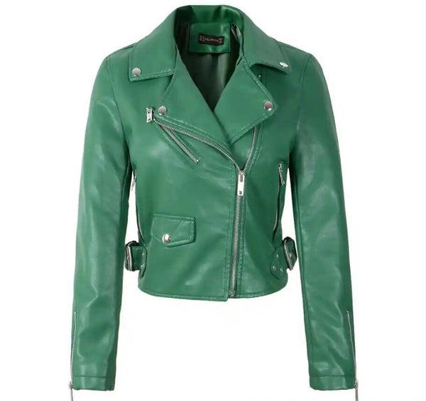 Women Color Fashion Faux Leather Jacket