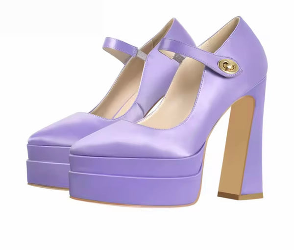 Women Lavender Pointed Toe Platform Ankle Strap High Heels