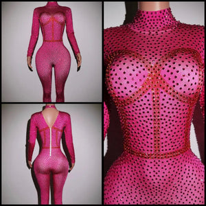 Women Sexy Fashion Pink Full Sleeve Bling Rhinestone Jumpsuit