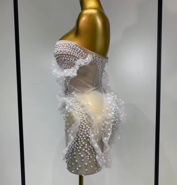 Women White Sexy Strapless Pearl Ruffle Mesh Dress