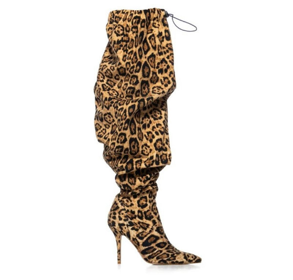 Women Fashion Leopard Drawstring Ruched Knee High Boots