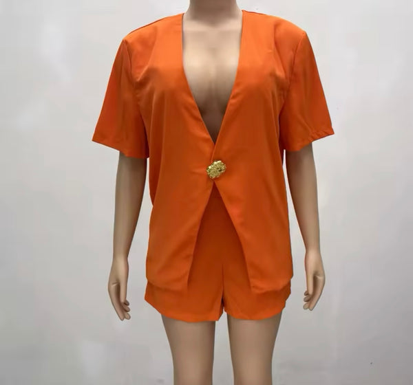 Women Sexy Orange Gold Button Short Sleeve Two Piece Short Set