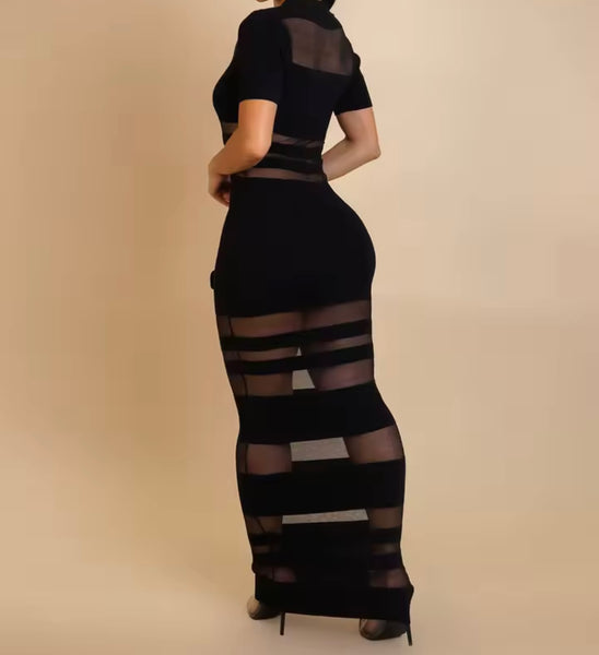 Women Sexy Short Sleeve Solid Color Mesh Patchwork Maxi Dress