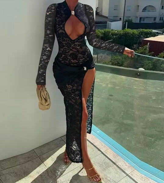 Women Sexy Black Lace Cut Out Full Sleeve Side Split Maxi Dress