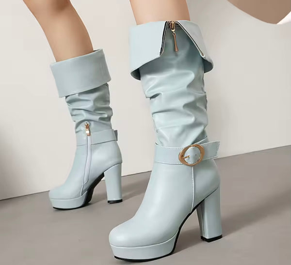 Women Round Toe Zip Up Buckle Platform High Heel Boots