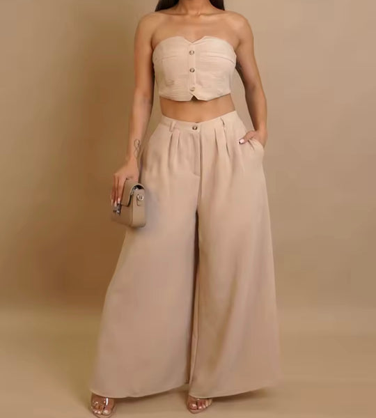 Women Sexy Button Up Strapless Two Piece Wide Leg Pant Set