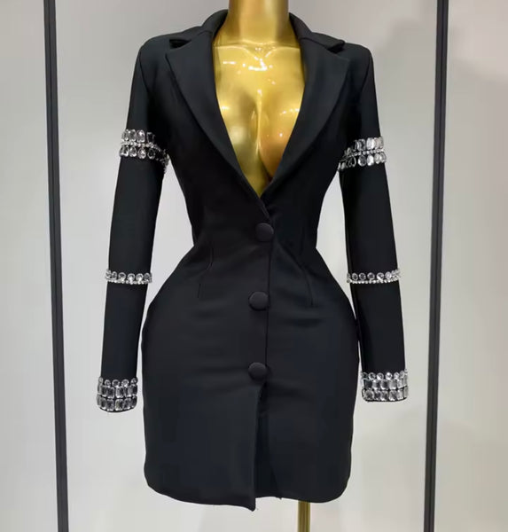 Women Sexy Black Button Up Crystal Full Sleeve Blazer Dress