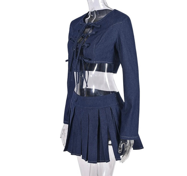 Women Sexy Fashion Denim Full Sleeve Pleated Two Piece Skirt Set